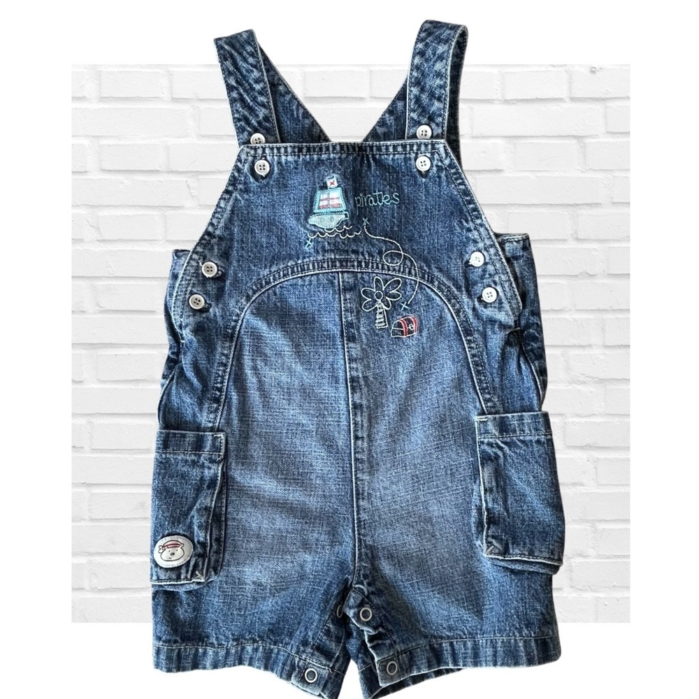 Vintage Laura Ashley 18M Denim Boys Overalls Jean Shorts Pirate Ship Cotton 90’s
